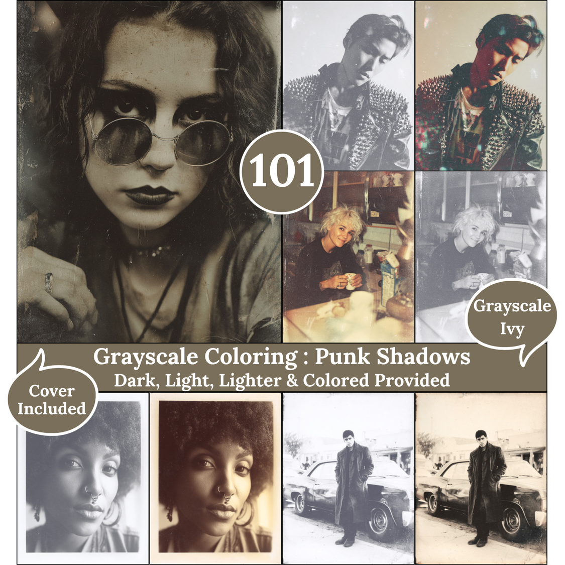 Custom Order Punk Shadows, Coloring Pages, Grayscale Drawings, Dark Light Lighter and Colored Versions,  Digital Art, Punk 70's portraits