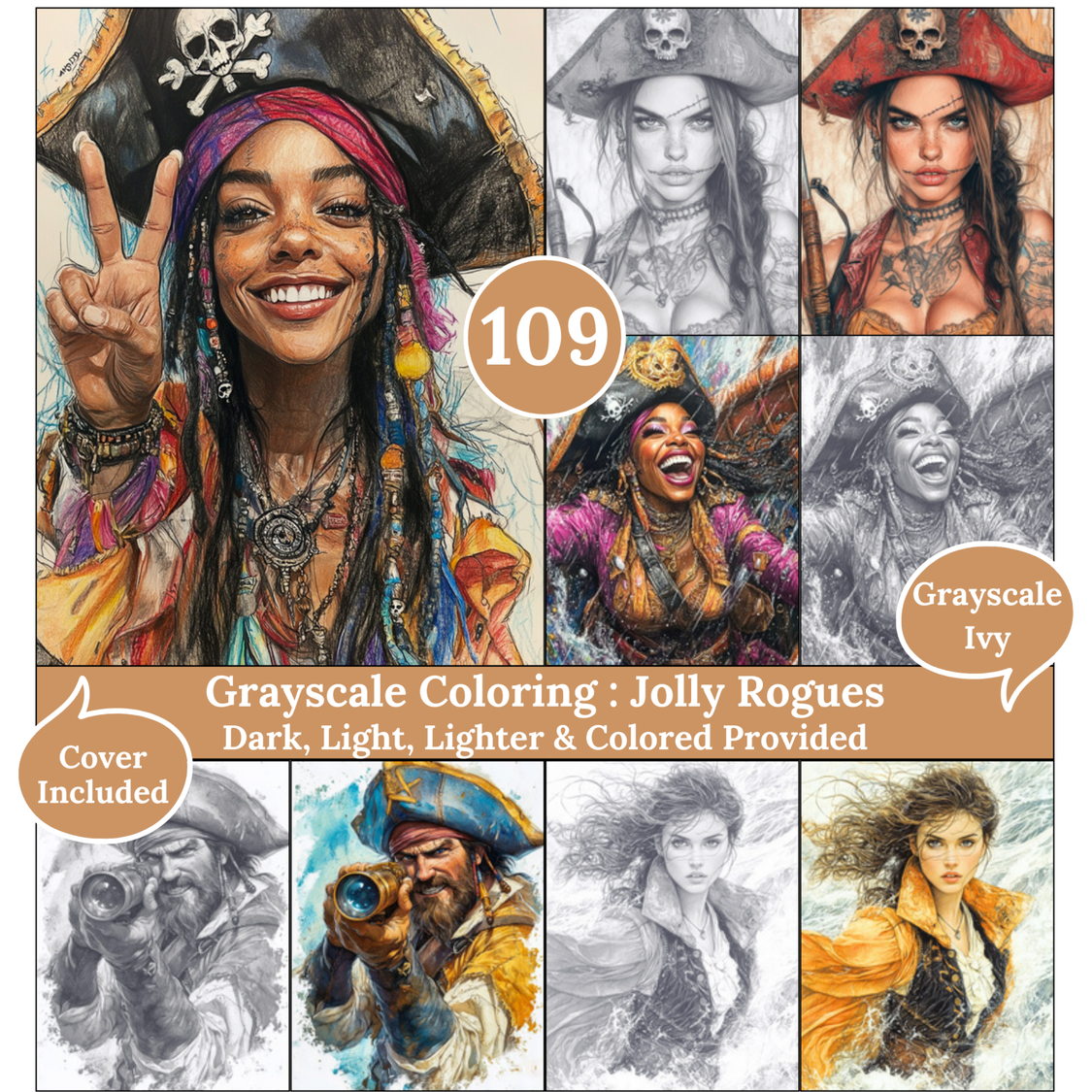 Custom Order, Jolly Rogues, 109 Pirate-Themed Printable Grayscale Pages, Includes Dark, Light & Colored Illustrations