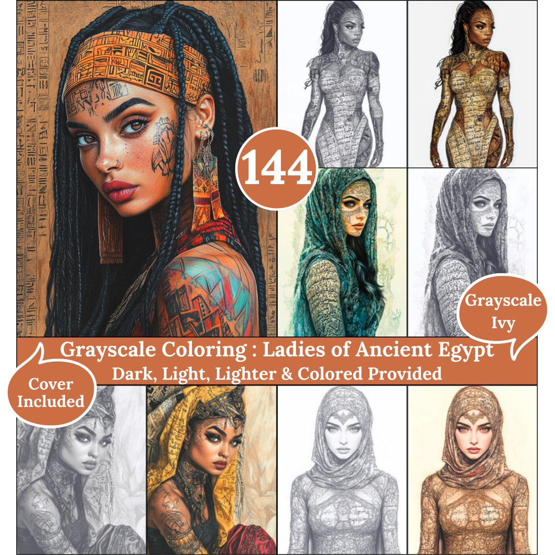 Custom Order Ladies of Ancient Egypt, 144 Coloring Pages, Grayscale Drawings, Dark Light Lighter and Colored Versions,  Digital Art Sheets