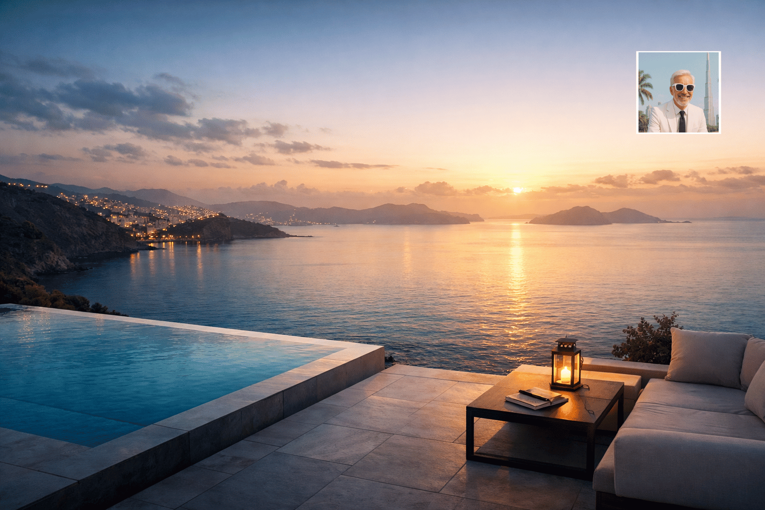 Elegante Terrasse mit moderner Lounge und Kerzenlicht neben einem Infinity-Pool, der nahtlos in das ruhige Meer übergeht. Im Hintergrund Sonnenuntergang mit warmen, goldenen Farben, sanften Wolken und einer Küstenlinie mit Lichtern einer kleinen Stadt. Die Atmosphäre ist entspannt, luxuriös und einladend