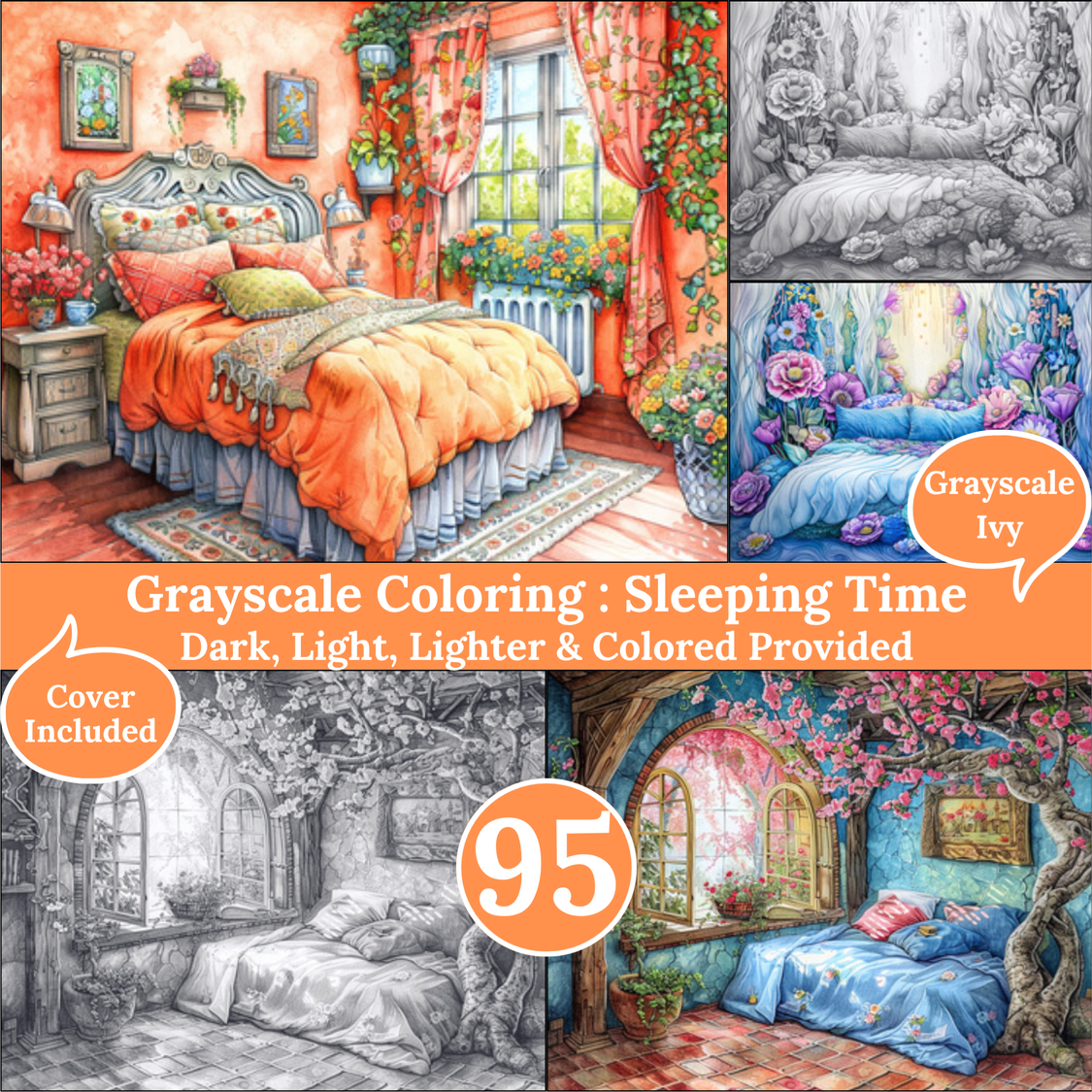 Sleeping Time, 95 Coloring Pages, Grayscale Drawings, Dark Light Lighter and Colored Versions, Digital Art Sheets, Victorian Bedrooms