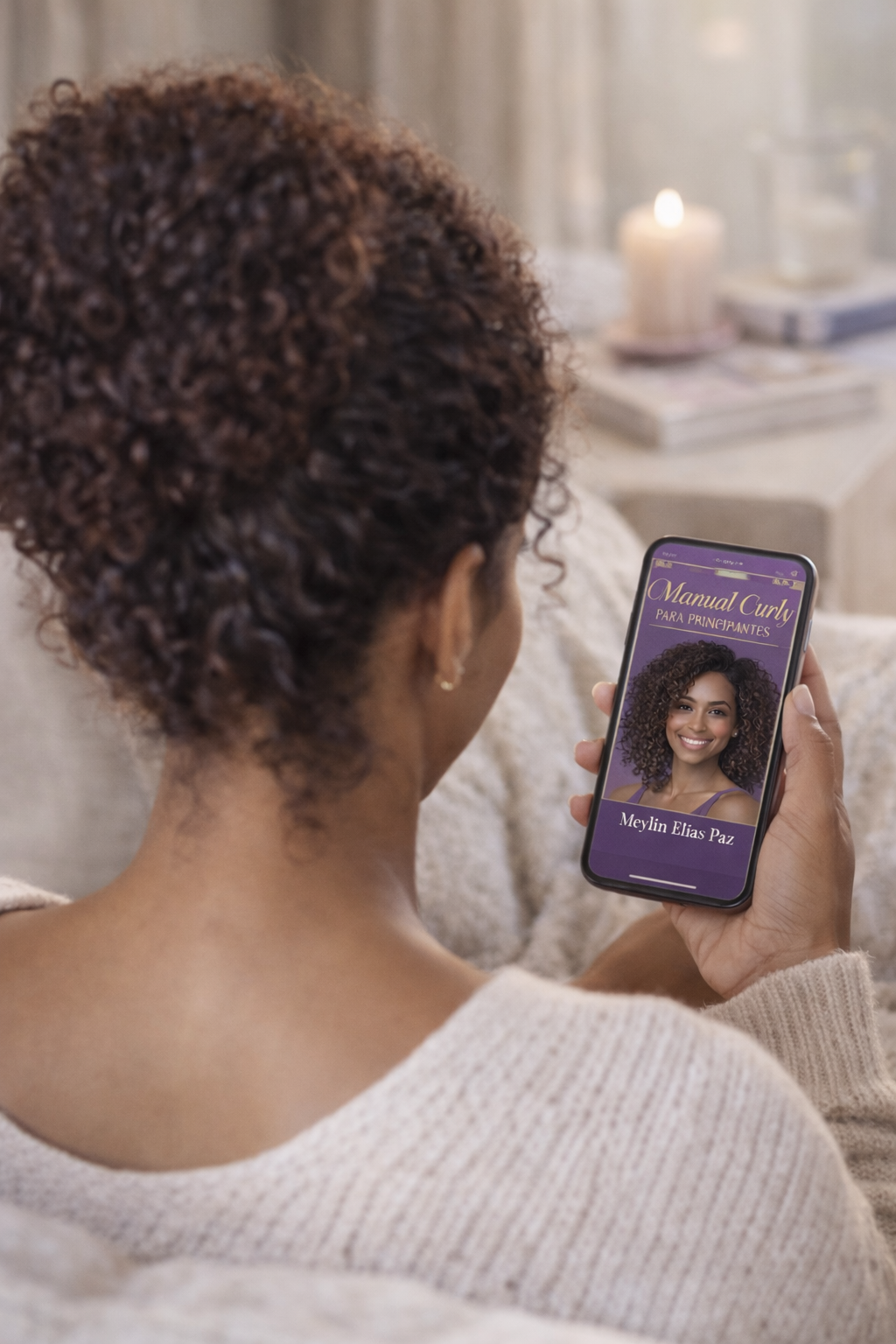 Mujer con cabello rizado leyendo el ebook Manual Curly para Principiantes desde su móvil en un ambiente relajado