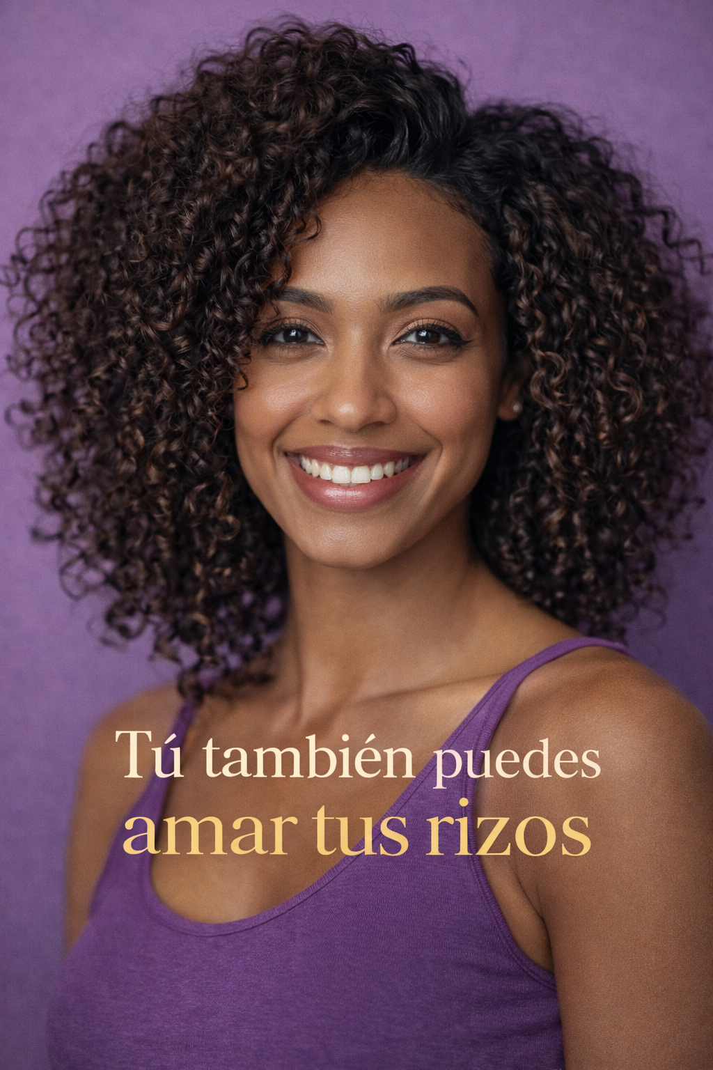Mujer rizada con fondo morado y frase Tú también puedes amar tus rizos destacando empoderamiento y autoestima