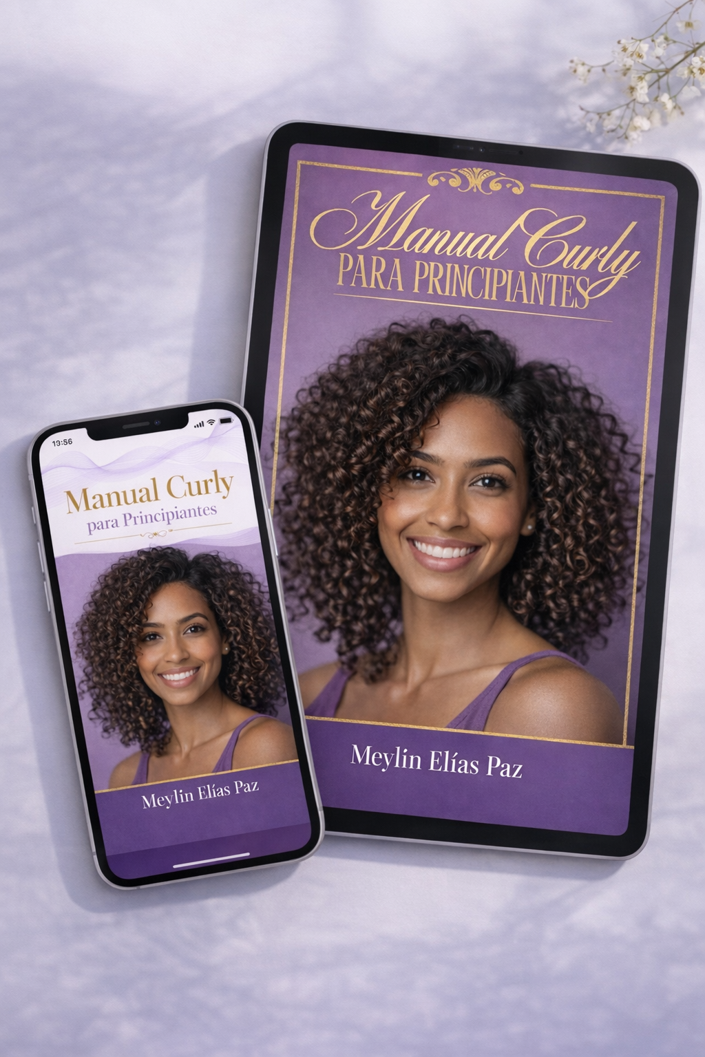 Portada del ebook Manual Curly para Principiantes mostrada en pantalla de tablet y móvil juntas