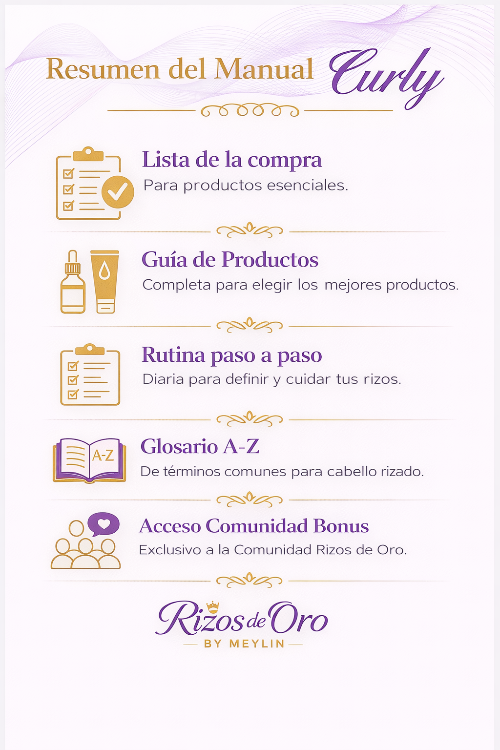 Resumen visual del contenido del ebook Manual Curly incluyendo guía de productos, rutina, glosario y comunidad bonus