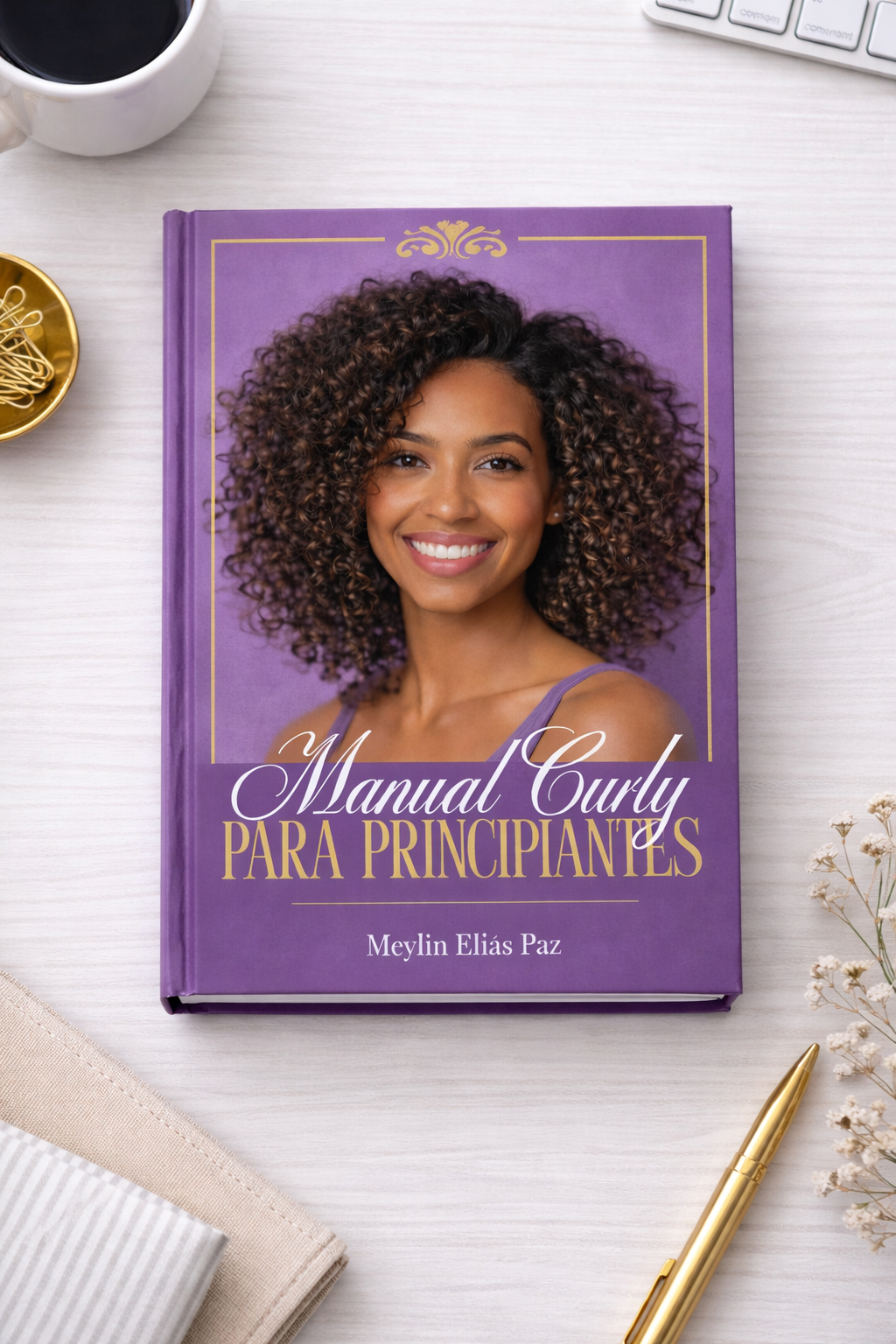 Vista superior del ebook Manual Curly para Principiantes en presentación física sobre escritorio blanco