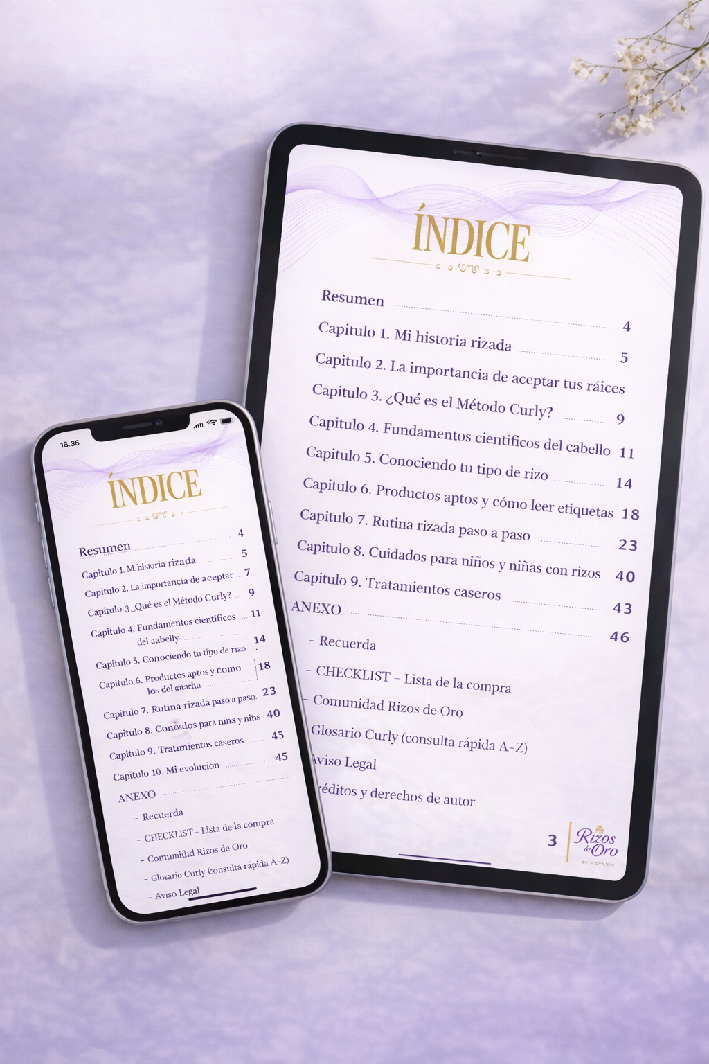 Pantalla de móvil y tablet mostrando el índice de capítulos del ebook Manual Curly para Principiantes