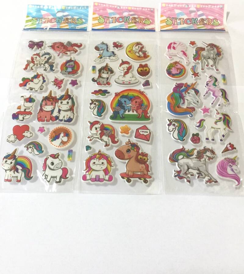 Kids’ cartoon puffy stickers with raised texture and playful characters in assorted colors.