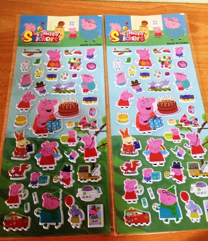 Peppa Pig–inspired puffy stickers in waterproof PVC material, single sheet design for kids’ crafts and decoration.