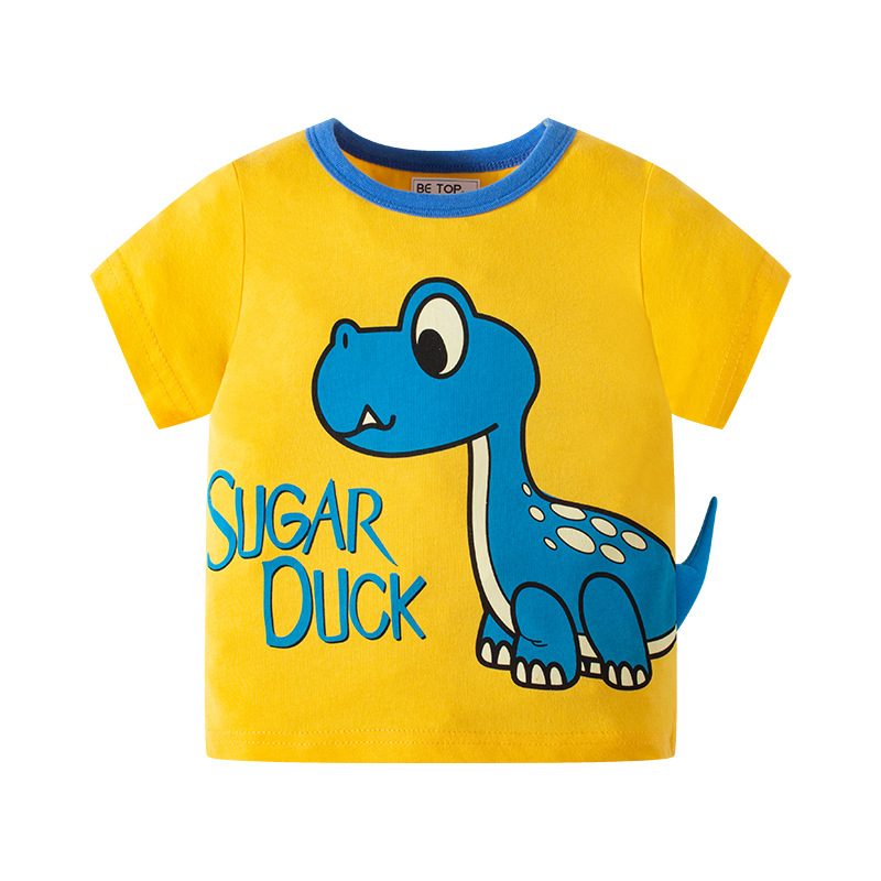 Summer boys’ cotton T-shirt featuring a cartoon dinosaur print with a playful 3D tail.
