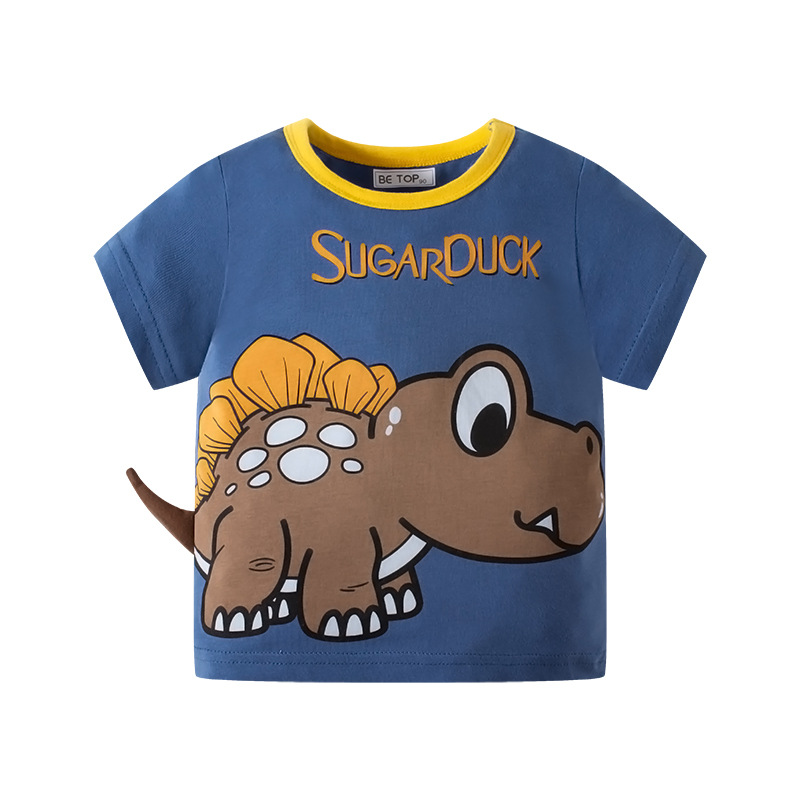 Cartoon dinosaur cotton T-shirt for boys with 3D tail detail, lightweight for summer.