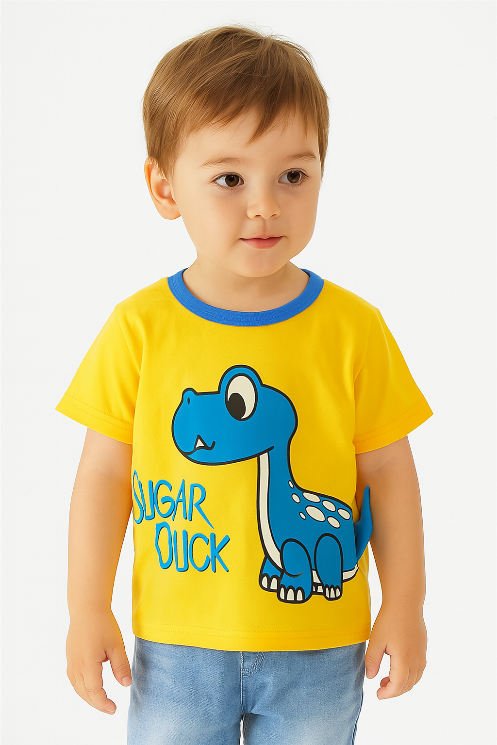 Boys’ cotton cartoon dinosaur T-shirt with a fun 3D tail design, suitable for summer wear.