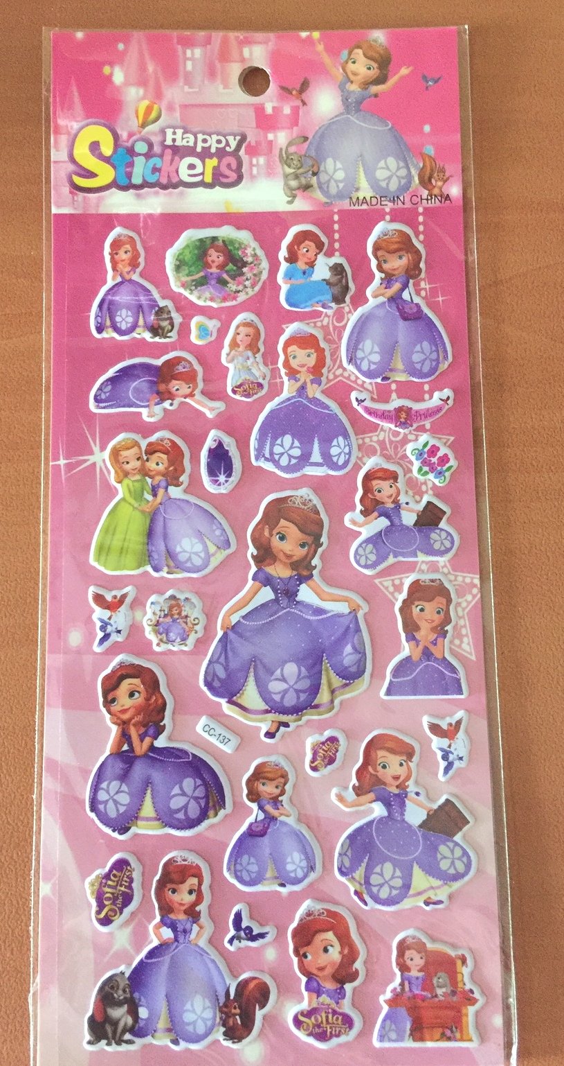 Sofia the First–inspired puffy stickers made from waterproof PVC, featuring colorful cartoon designs for kids’ crafts and decoration, PRE2019123.