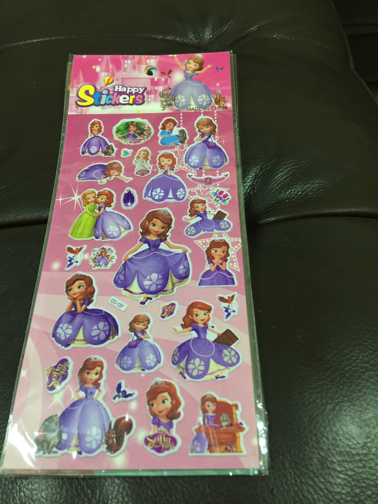 Sofia the First–inspired puffy sticker sheet in waterproof PVC material, suitable for kids’ crafts, notebooks, and decorative use, PRE2019123.