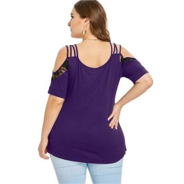 Plus size V-neck cold shoulder top with lace insert accents, available in 2XL.