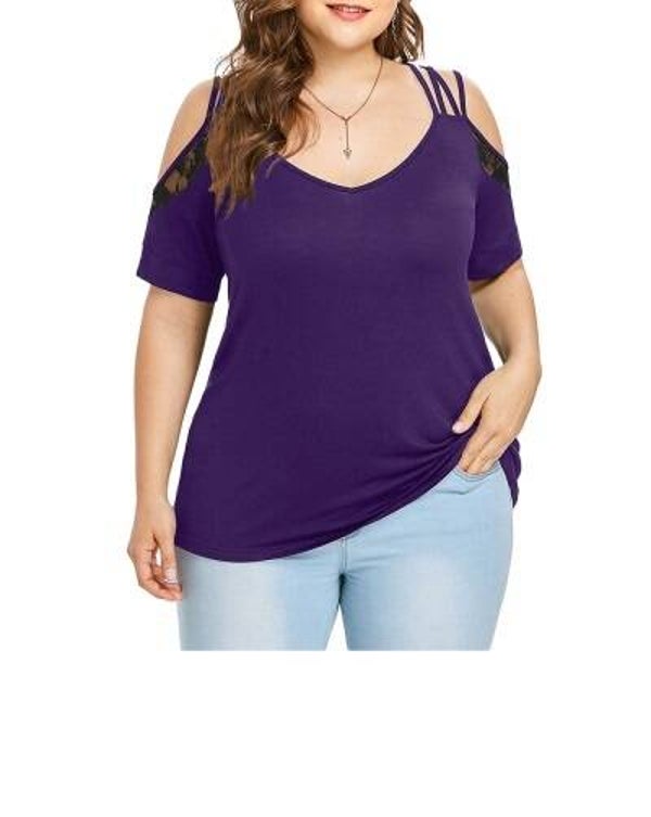 Women’s plus size cold shoulder lace detail T-shirt with V-neck styling, size 2XL.
