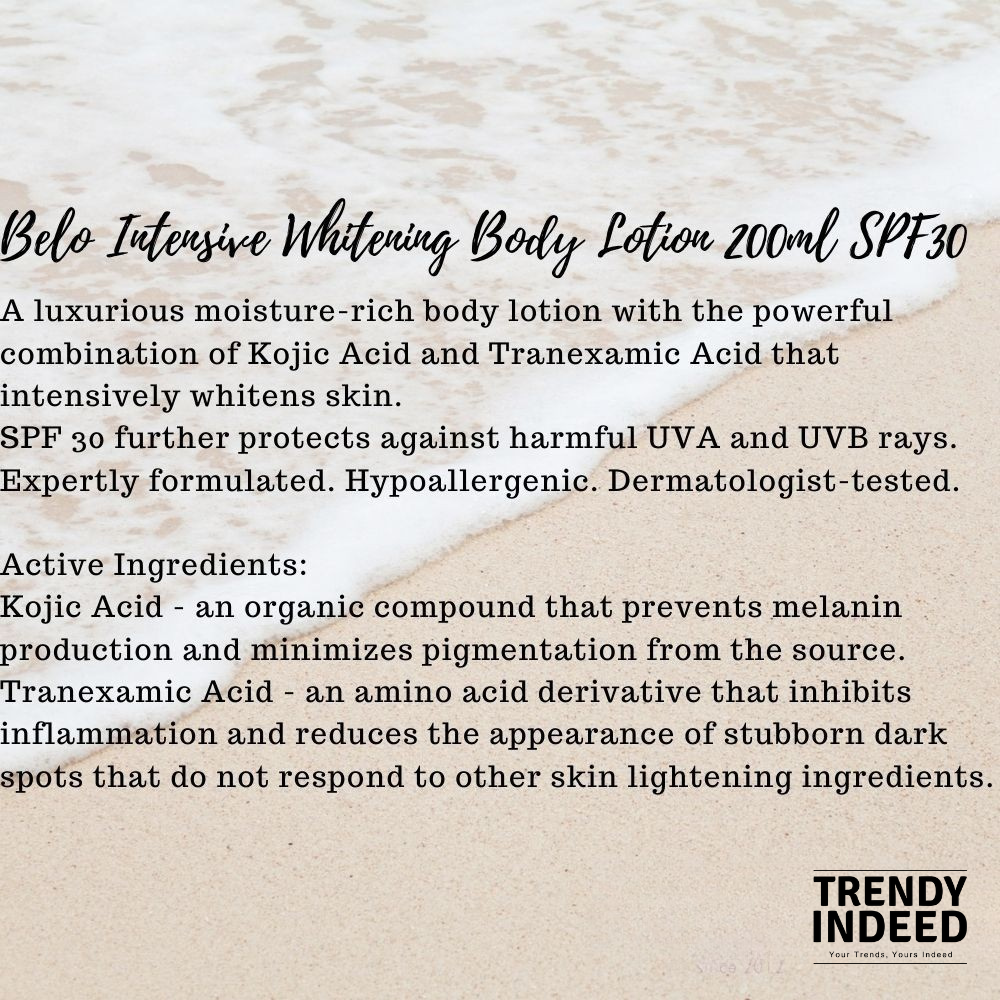 Belo SPF30 intensive whitening body lotion in 200ml packaging for everyday moisturising.