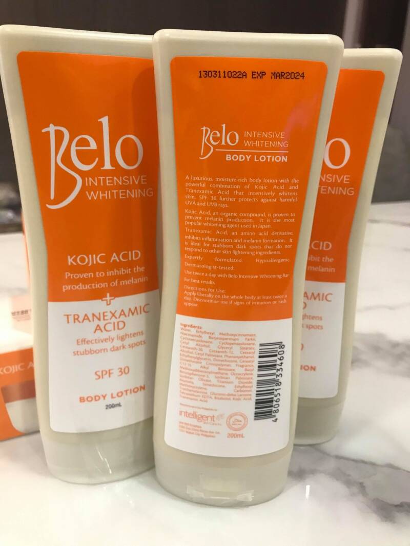 Belo Intensive Whitening Body Lotion SPF30, 200ml, suitable for daily outdoor use.