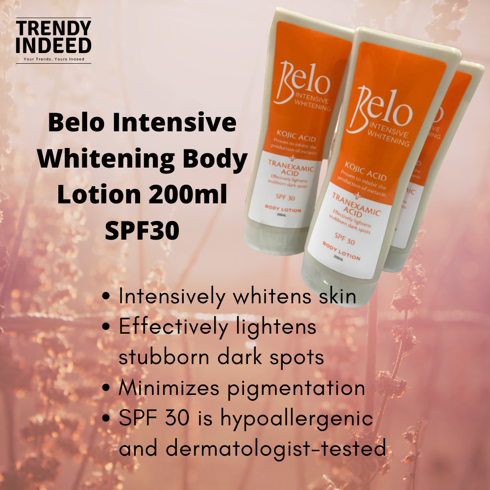 Whitening body lotion by Belo with SPF30 protection, 200ml size.