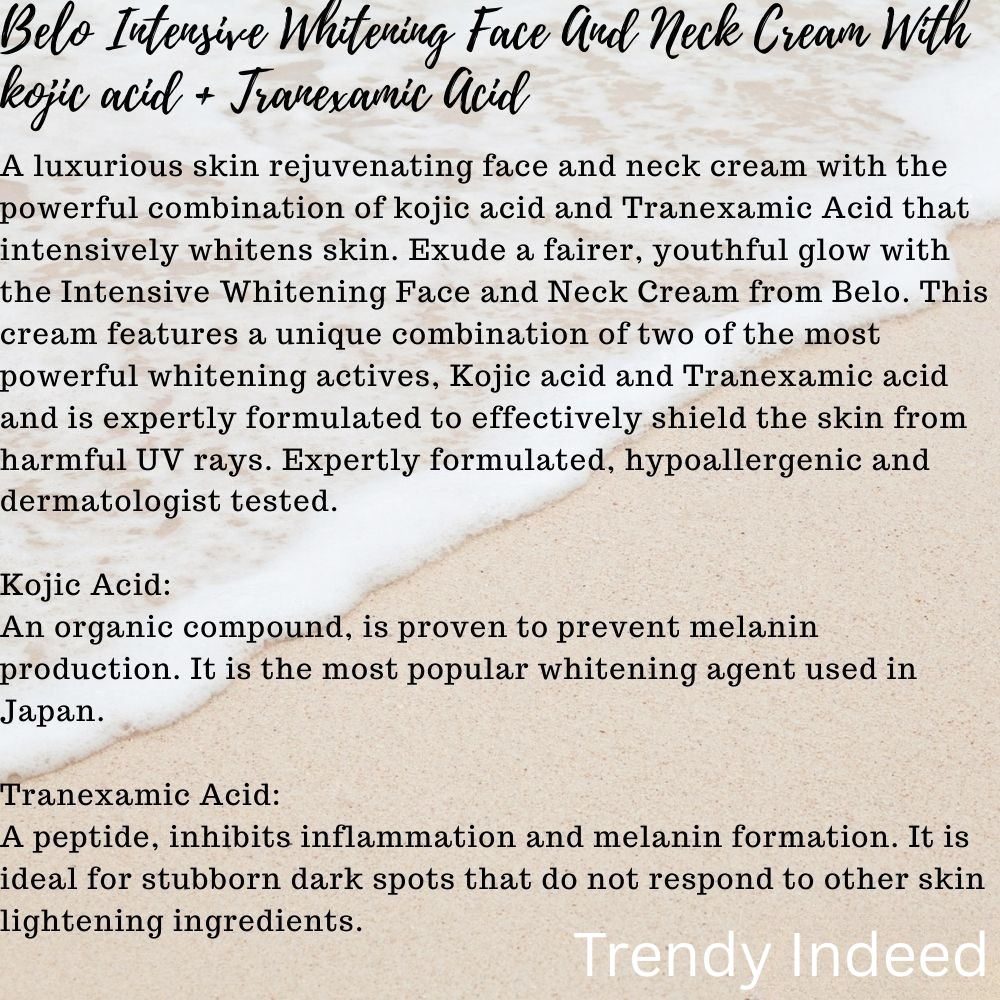 Belo Intensive Whitening SPF face and neck cream in 50g packaging for daily use.