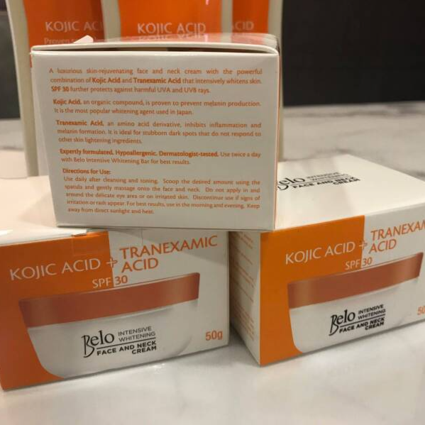 Face and neck cream by Belo with SPF protection and whitening formula, 50g size.