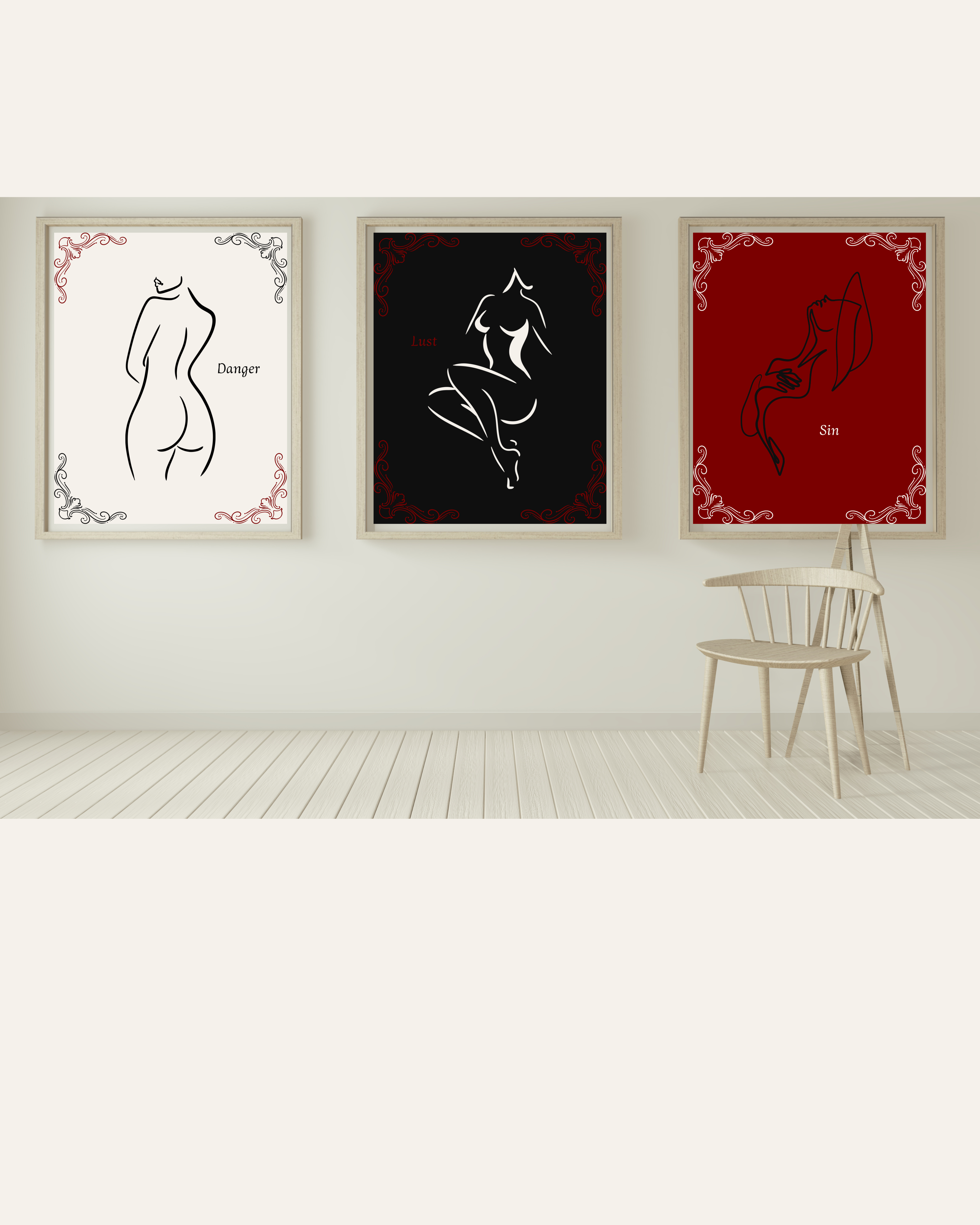 Sensual Line Art Wall Art Set of 3 Printable – Beige Black Red Gallery ...