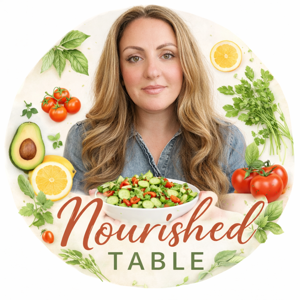 Nourished Table logo featuring founder Elida L with fresh vegetables, representing clean, healthy, family-friendly recipes