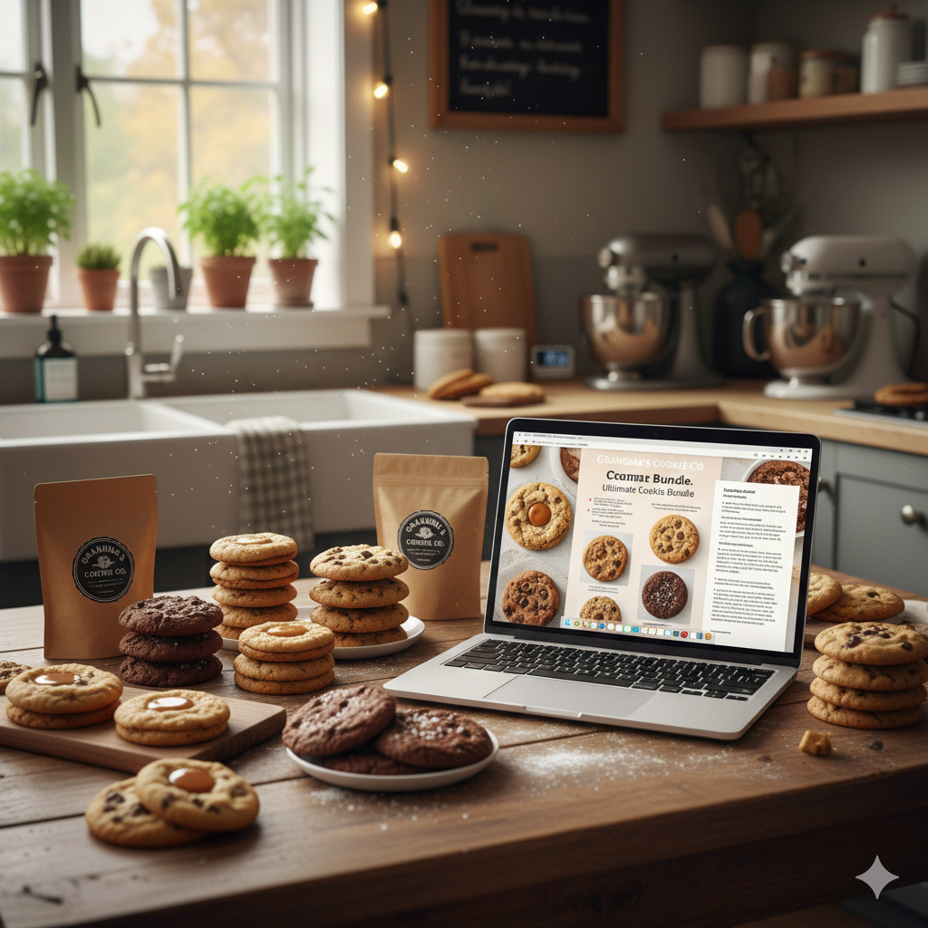 Person happily baking cookies in a cozy home kitchen, ideal for starting a small home-based cookie business, low-cost and easy to start