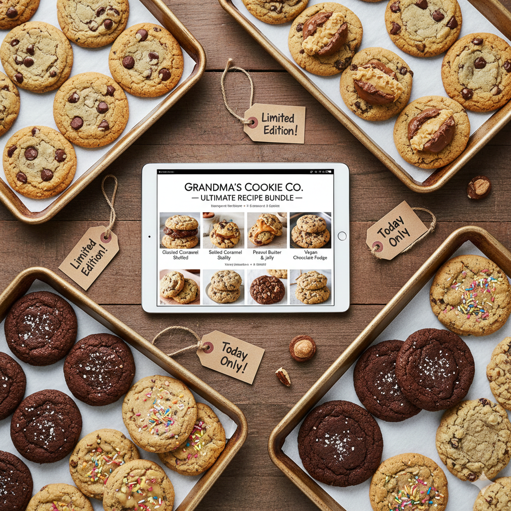 Selection of homemade cookies including chocolate chip, stuffed, and vegan cookies, alongside a tablet displaying Cookies Bundle PDF for beginner bakers