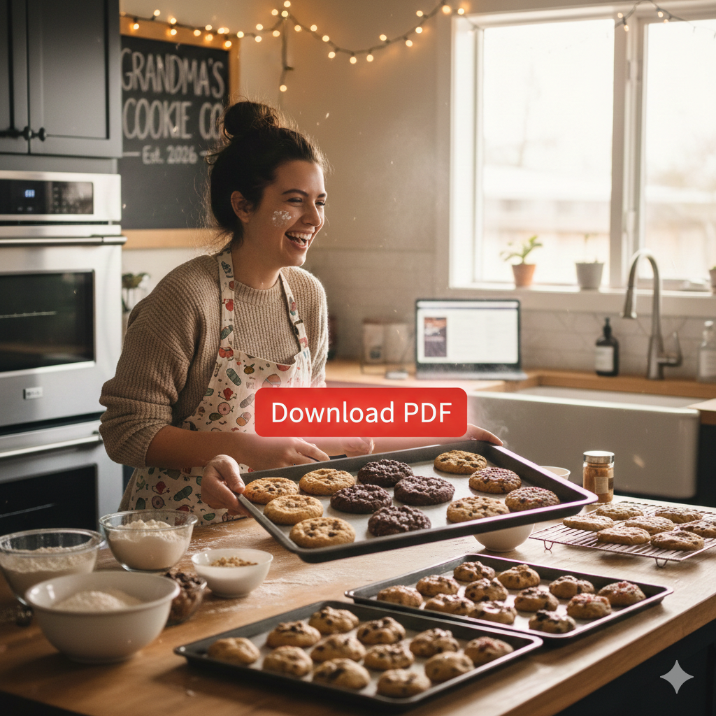 Freshly baked cookies on a tray with a digital download sign for Cookies Bundle PDF, encouraging viewers to start their profitable home-based cookie business