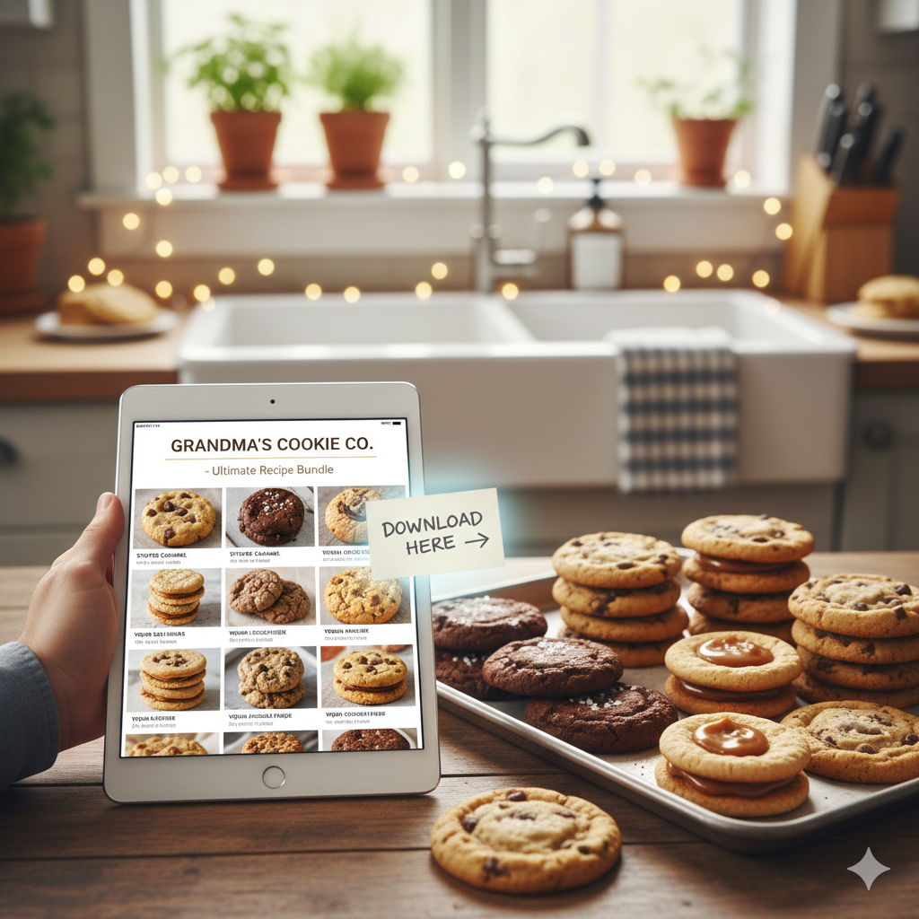 Home bakery setup with packaged cookies ready for sale, social media icons in background, illustrating marketing tips for a small profitable cookie business