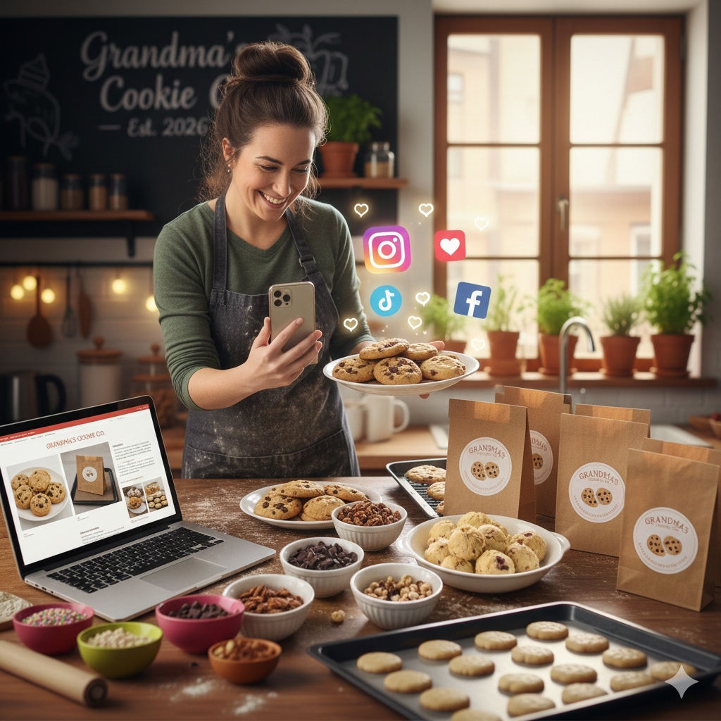 Home bakery setup with packaged cookies ready for sale, social media icons in background, illustrating marketing tips for a small profitable cookie business