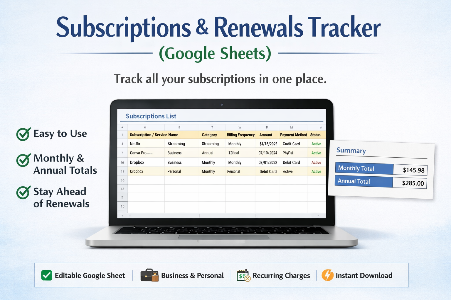 Subscriptions & Renewals Tracker (Google Sheets) - Payhip