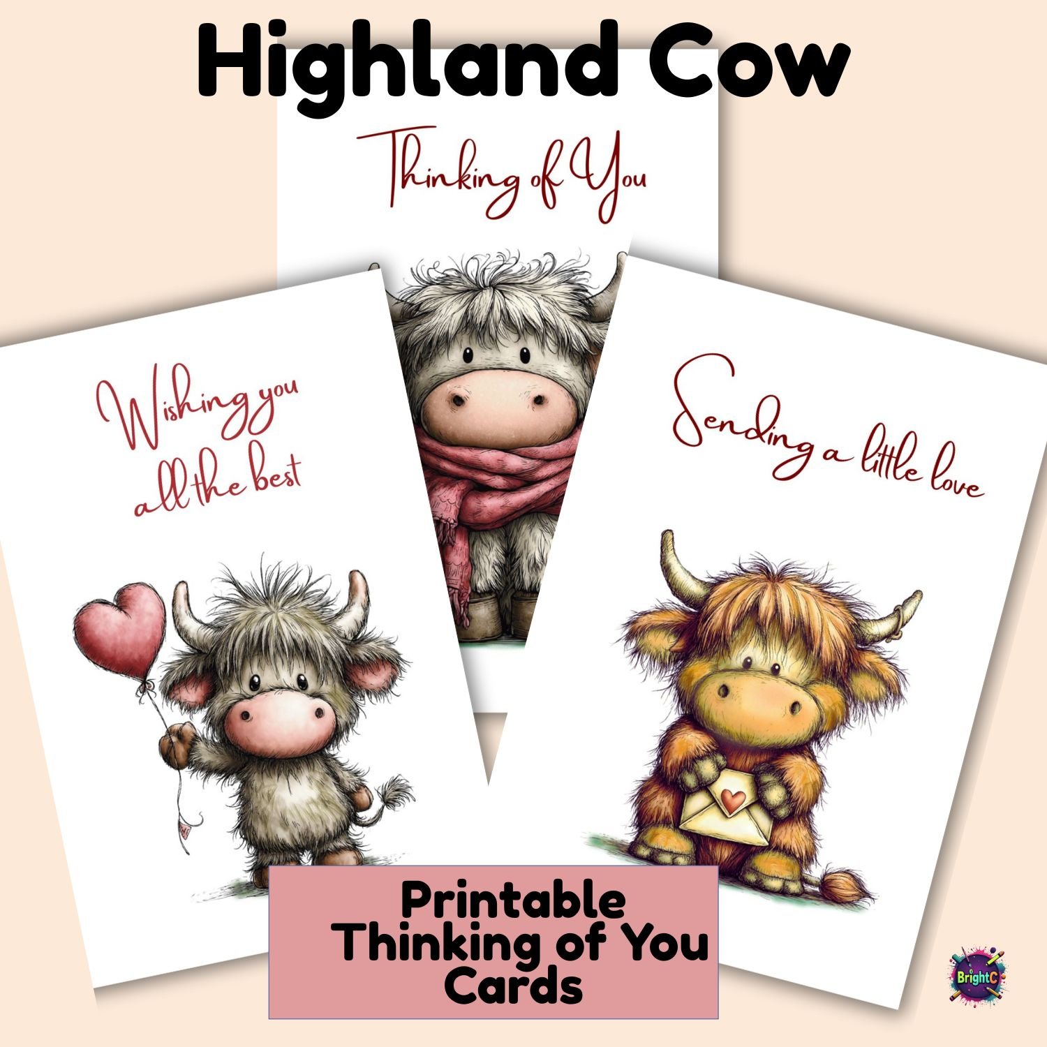 Printable Highland Cow Thinking of You Greeting Cards Set – Cute ...