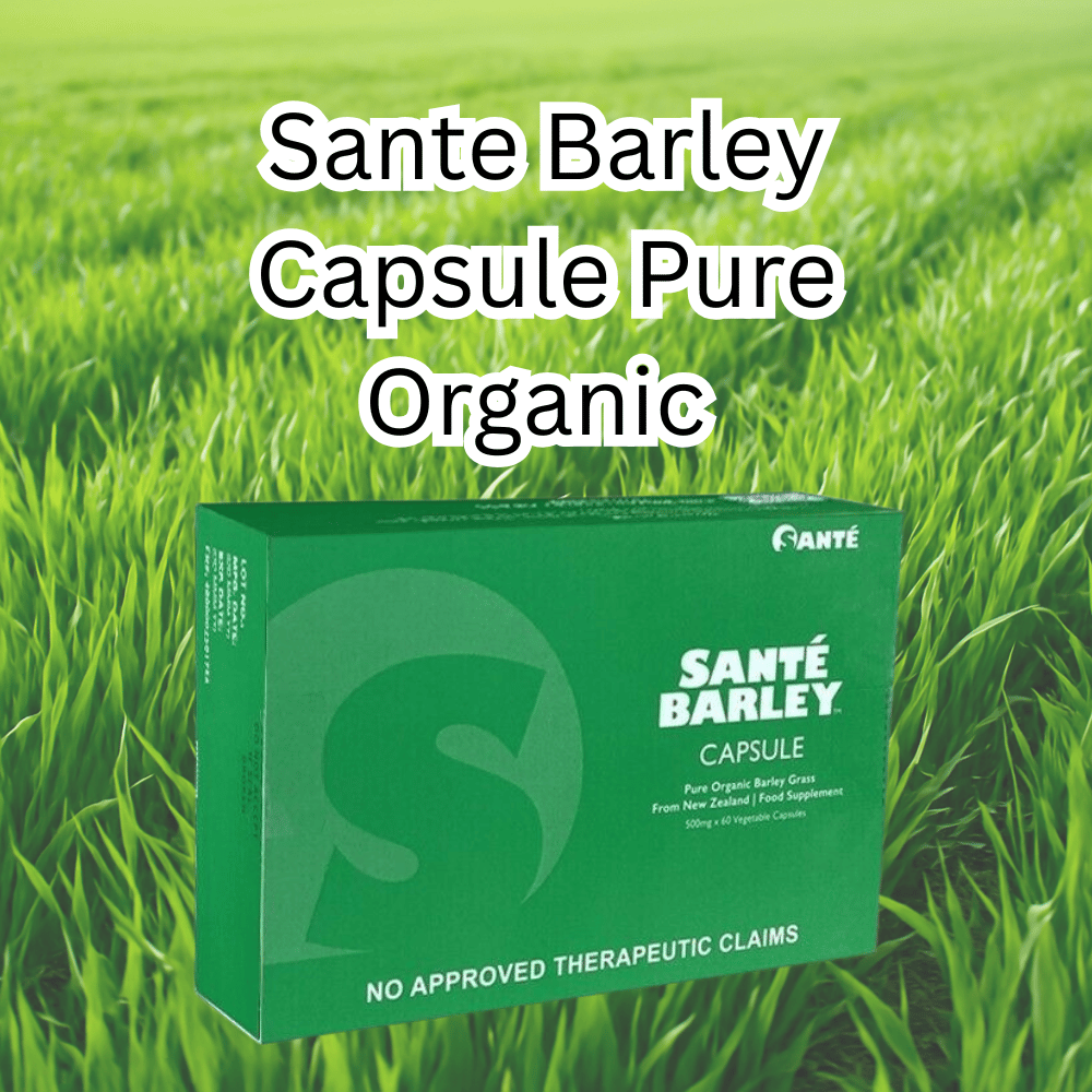 Organic barley grass vegetable capsules by Santé Barley, sourced from New Zealand, 500mg, 60 capsules.