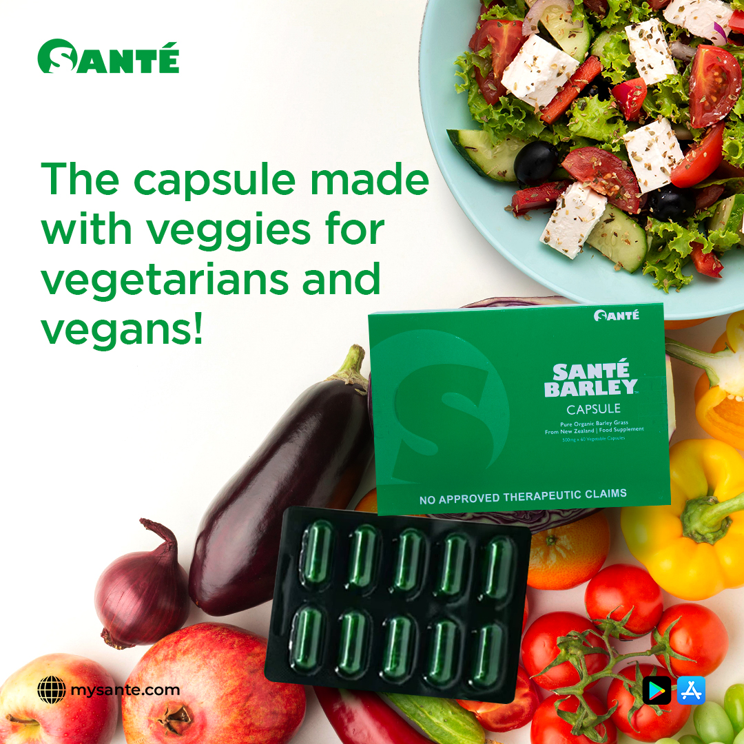 New Zealand–sourced organic barley grass vegetable capsules by Santé Barley, 500mg, 60 count.