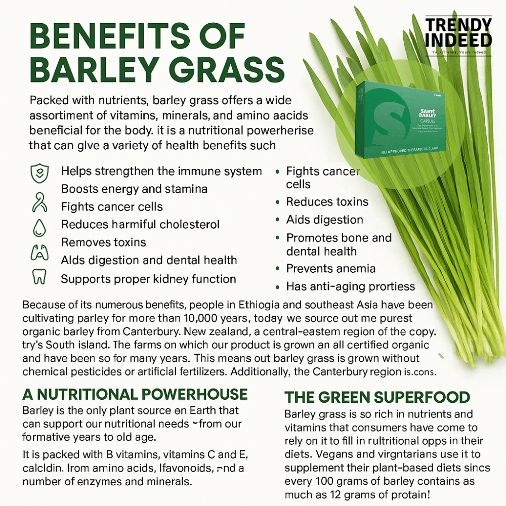 Certified organic barley grass powder by Santé Barley, sweetened with stevia, 3g x 30 sachets.