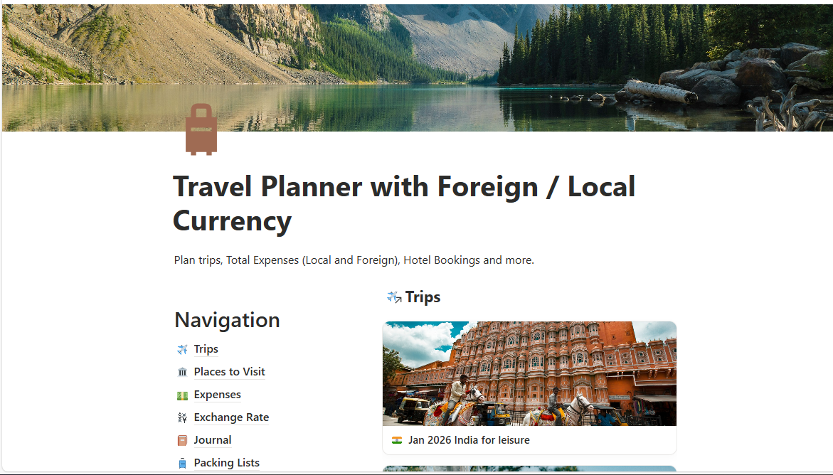 Notion travel planner template with automated currency exchange, itinerary checklist, and travel essentials, representing organized trip planning and budgeting for international travel."