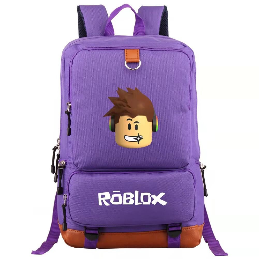 Primary school backpack with pixel game design inspired by Roblox-style visuals.