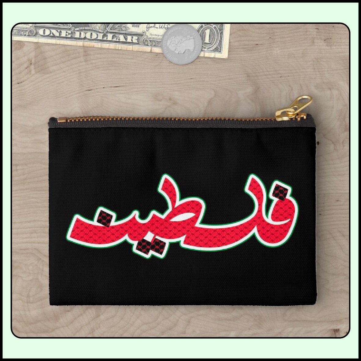 Arabic heritage calligraphy “Palestine” design with kufiya pattern featured on a zipper pouch mockup.