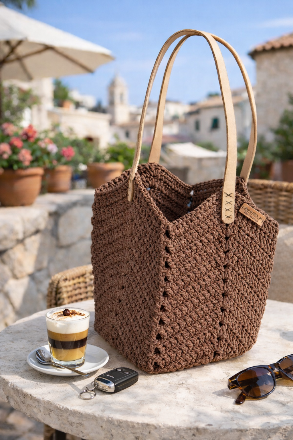 Brown crochet tote bag on stone table with coffee and sunglasses, handmade summer bag pattern