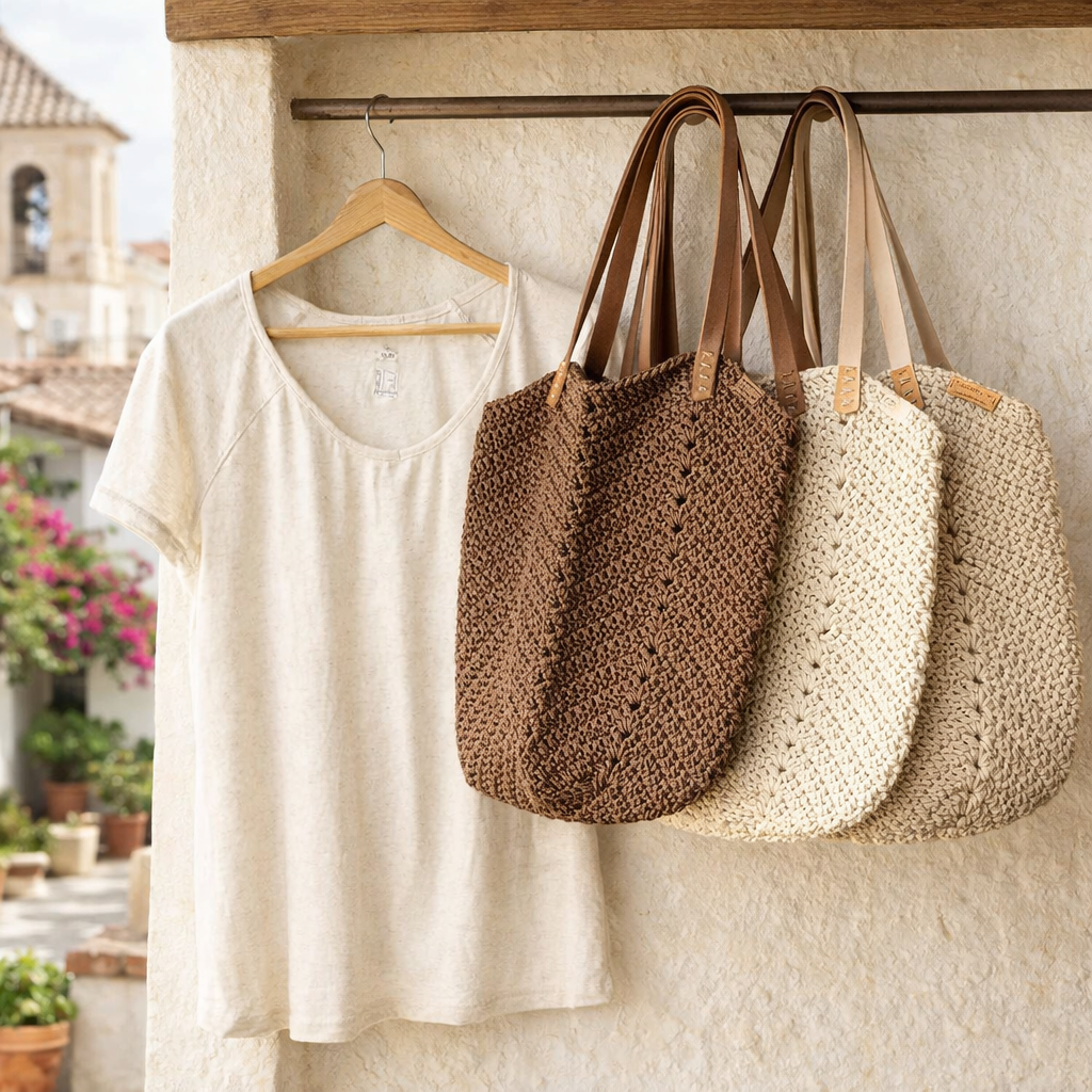 Neutral crochet tote bags hanging on wall with beige dress, handmade minimalist summer bags