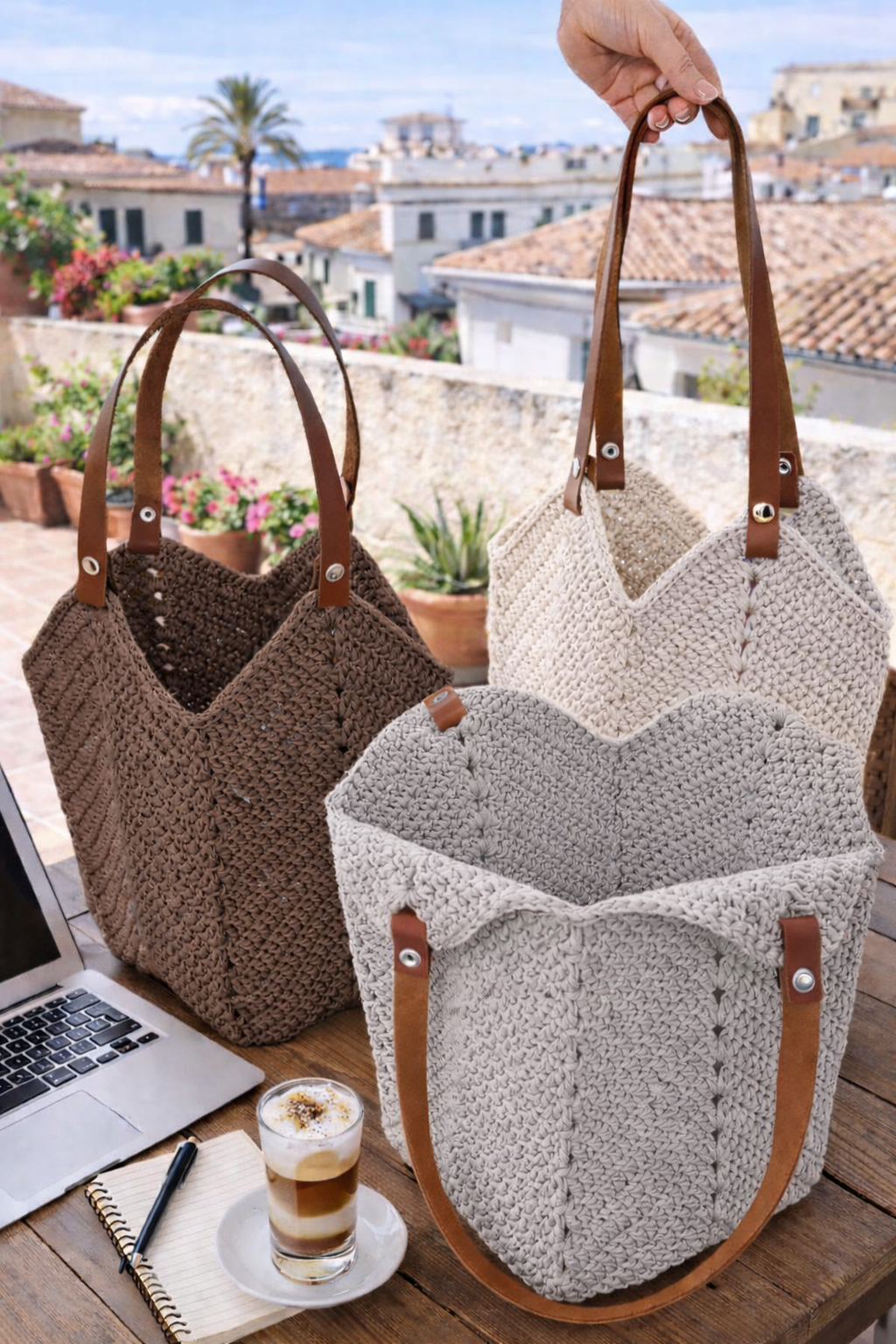Neutral color crochet tote bags Linnea pattern displayed together, handmade minimalist bag collection