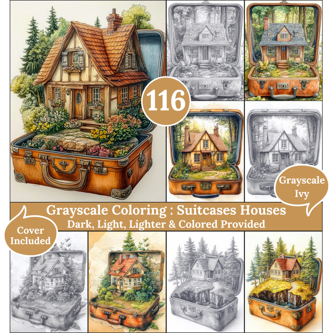 Suitcases Houses, 116 Coloring Pages, Grayscale Drawings, Dark Light Lighter and Colored Versions, Digital Art Sheets, Fantasy Suitcases