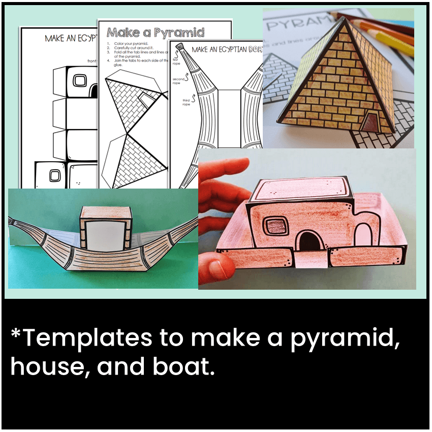 Templates to make a pyramid, house, and boat.