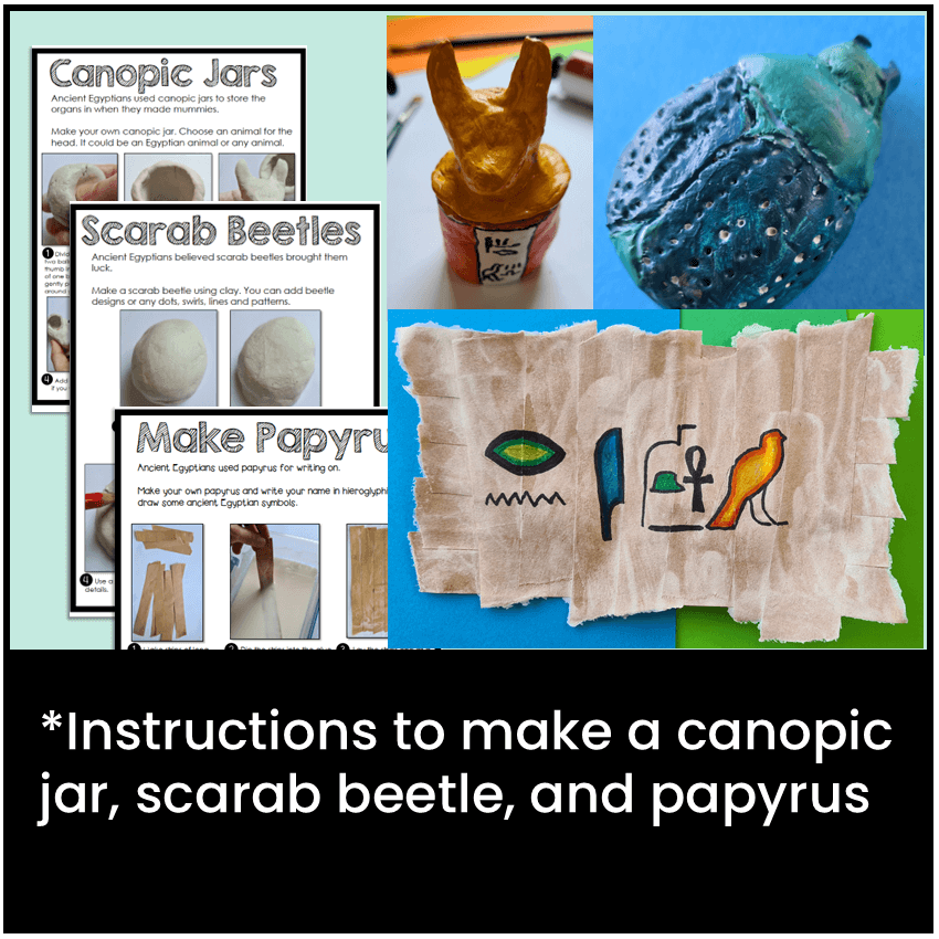 Instructions to make a canopic jar, scarab beetle, and papyrus.