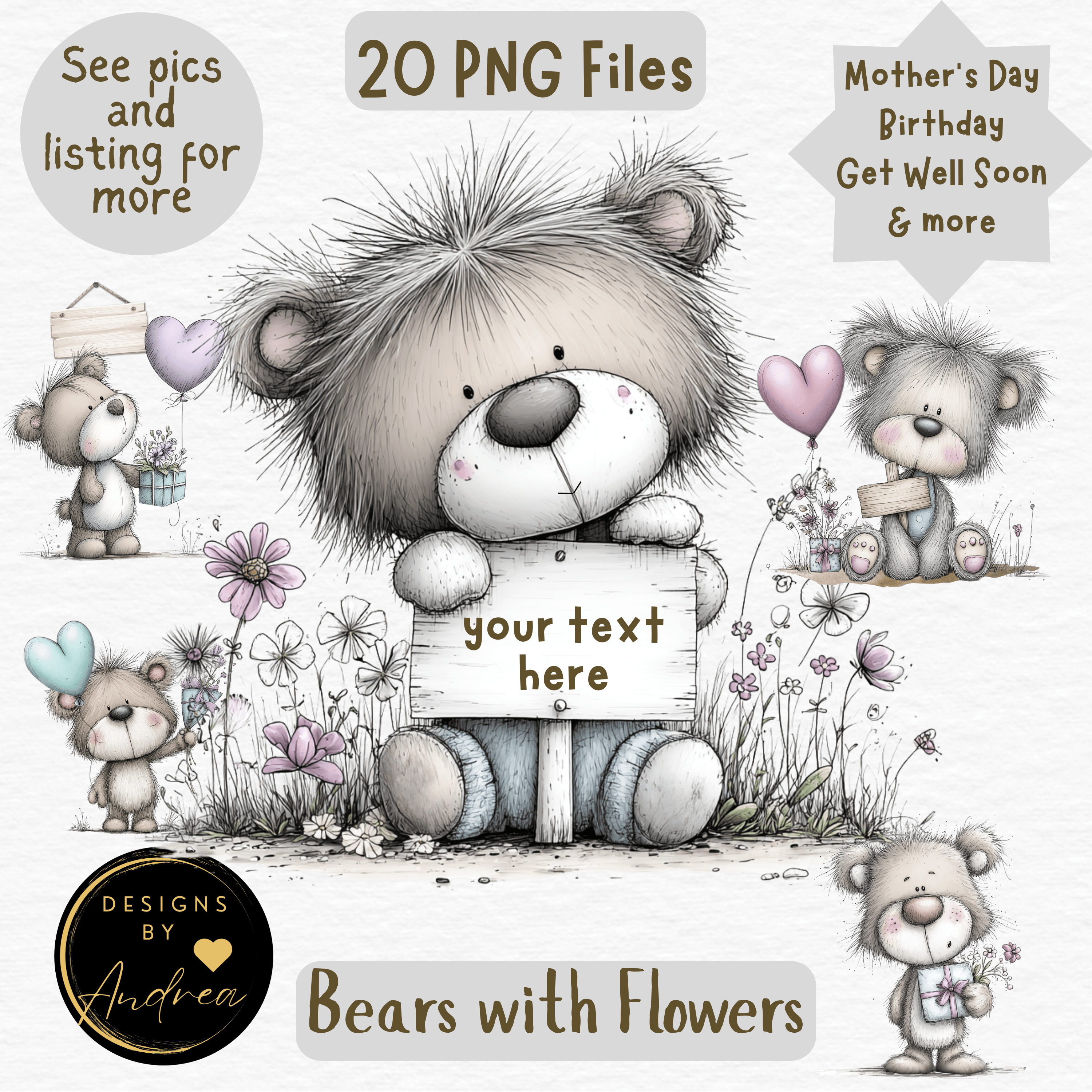 Teddy Bear Clipart PNG Bundle, Floral Design (20 Files) - Payhip