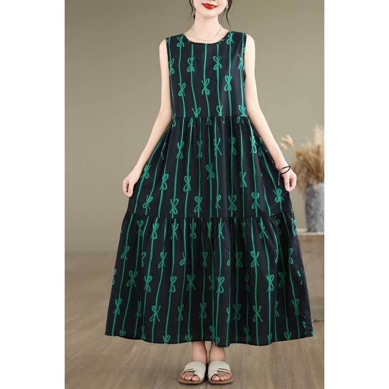 Plus size sleeveless vest style long dress in cotton linen fabric