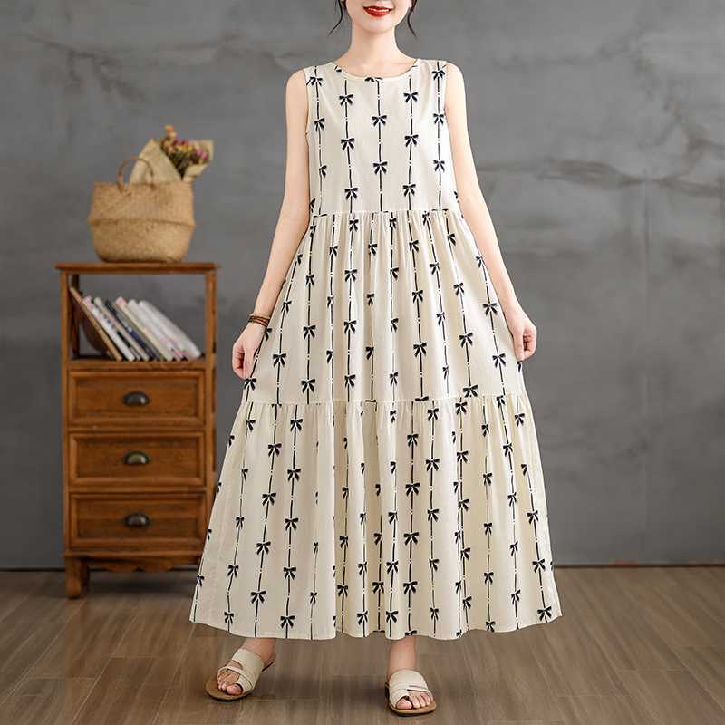Simple plus size cotton linen sleeveless long dress for summer