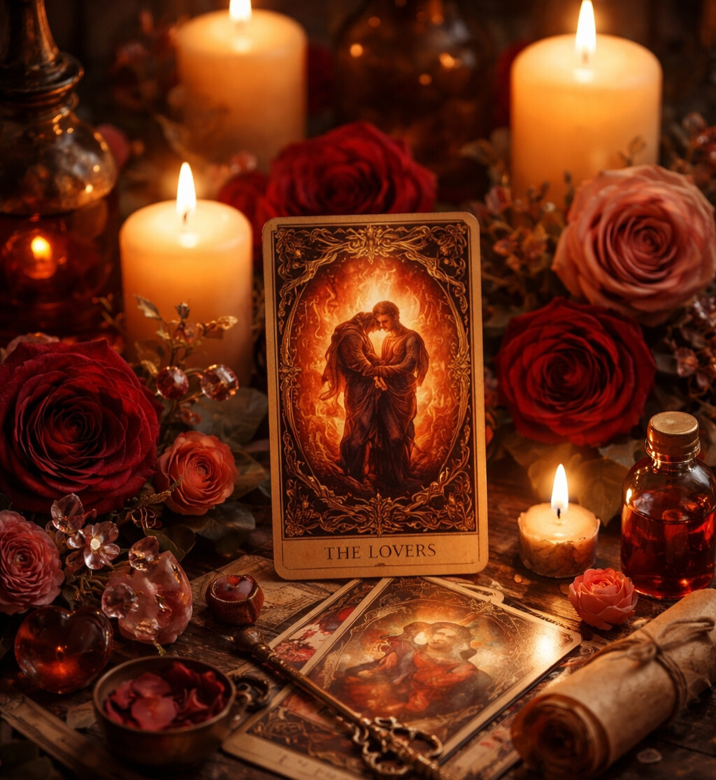 the lovers tarot card surrounded by cnadles and weathered roses